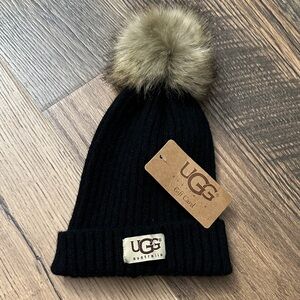 UGG Kids Black Beanie with Tan Faux Fur Pom Pom